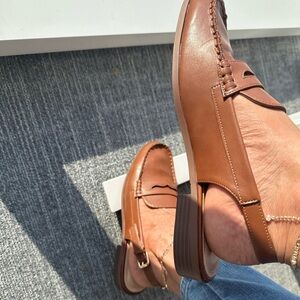 Luggage colored loafer sling backs